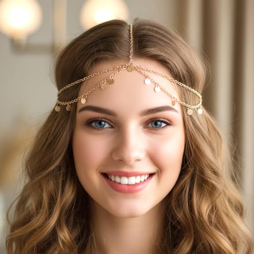 Bremorou Gold Sequin Boho Head Chain Hair Jewelry for Women Festival