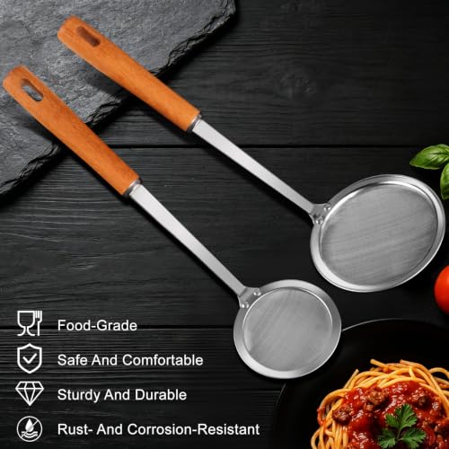 2-Piece Stainless Steel Fine Mesh Skimmer Spoon Set with Wooden Handle