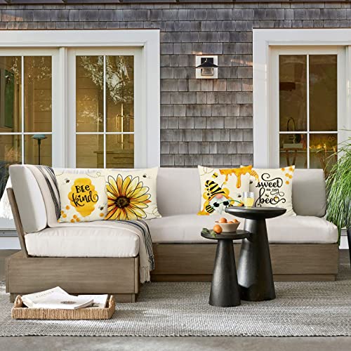 Summer Bee Throw Pillow Covers Set of 4 - 18x18 Inch Gnome Sunflower Design
