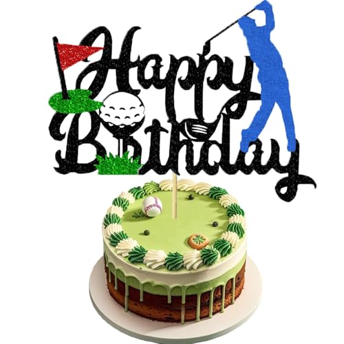 Golf-Themed Happy Birthday Cake Topper with Glitter Cardstock