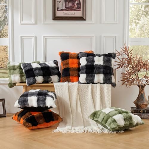 Set of 2 Cozy Faux Fur Throw Pillow Covers - 18x18 Inch Orange-Black Grid