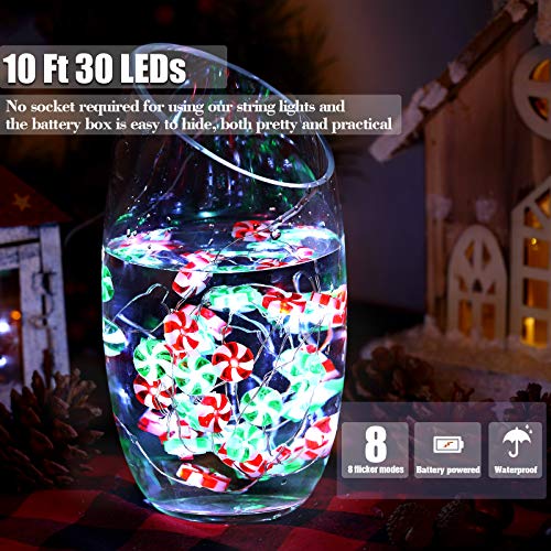 Candy String Lights Decor 10ft with 30 LEDs - Red & Green, 8 Modes, Battery Operated