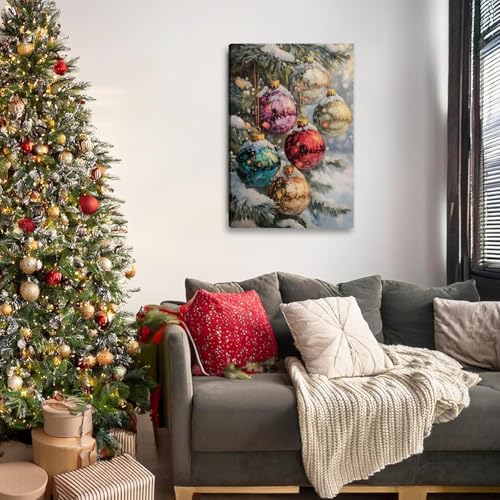 Christmas Tree Canvas Wall Art 12x18 Snow Scene with Baubles - Holiday Decor