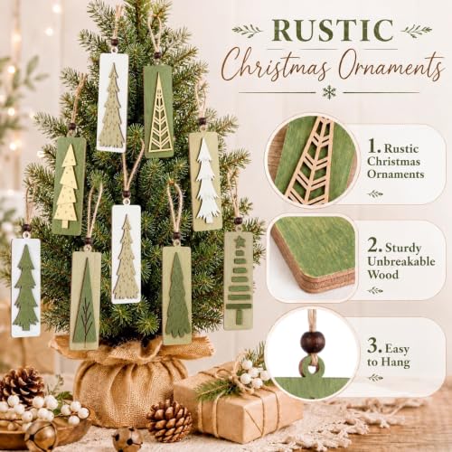 Neutral Rustic Wooden Christmas Tree Ornaments Set - Green Variation, 16 Pcs