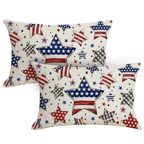 Blue American Star Pillow Covers - 2 Pack 12x20 Inch for 4th of July