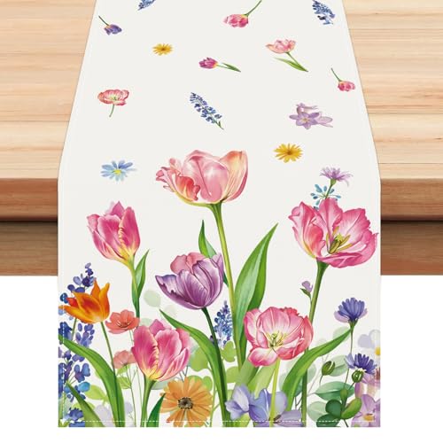 Bonhause 13x72 Inch Tulip Flower Table Runner - Pink Purple Floral