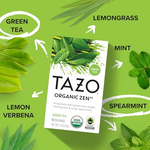 TAZO Organic Zen Green Tea Bags - Caffeine Free, 16 Count (Pack of 12)