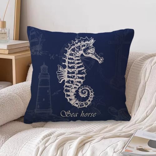 Coastal Decorative Pillow Covers 18x18, Blue Nautical Seahorse Starfish - 2 Pack