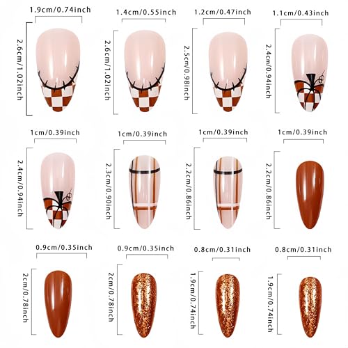 Fall Press On Nails Medium Almond Thanksgiving Pumpkin Plaid Acrylic Fake Nails