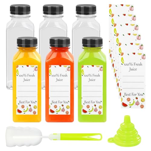 12 oz Reusable Plastic Juice Bottles - 6 Pack with Caps & Labels