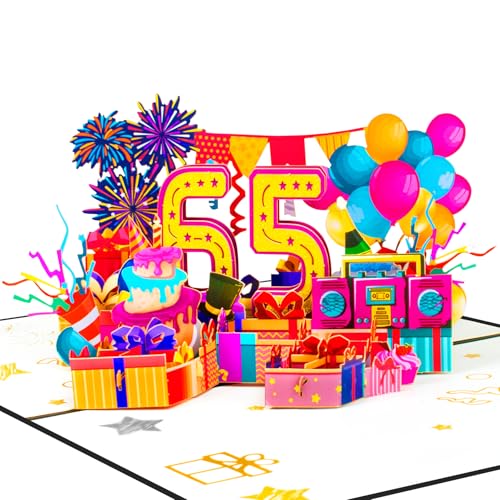 65th Birthday Pop Up Card - 3D Greeting Card with Balloons & Cake
