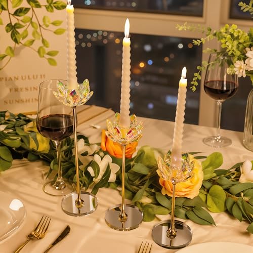 3pcs Crystal Lotus Flower Taper Candle Holders - 8.66" Elegant Centerpiece