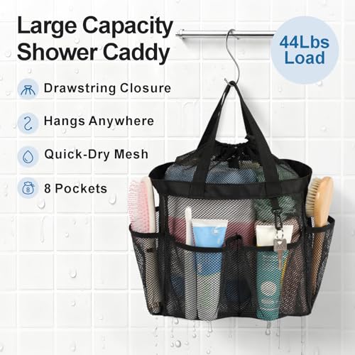 F-color Mesh Shower Caddy with Drawstring - Portable Dorm Shower Bag, Black