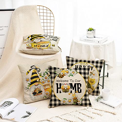 Bumble Bee Gnome Decorative Throw Pillow Covers 18x18 (Set of 4)