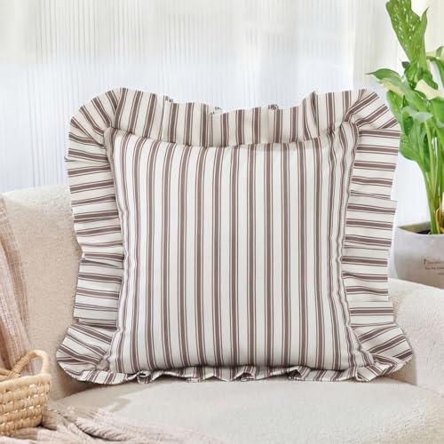 CrystalSylara 18x18 Ruffled Striped Pillow Cover, Boho Farmhouse Cushion Case