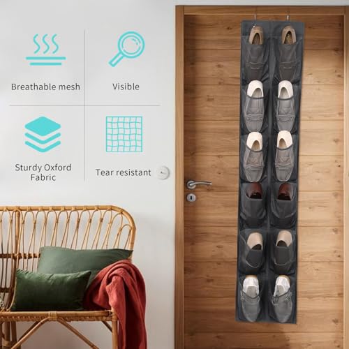 GOMAJI 12-Pocket Over-the-Door Hanging Shoe Organizer, Dark Gray