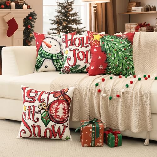 OTOSTAR Christmas Throw Pillow Covers 20x20 Inch, Set of 4 Red Holiday Decor