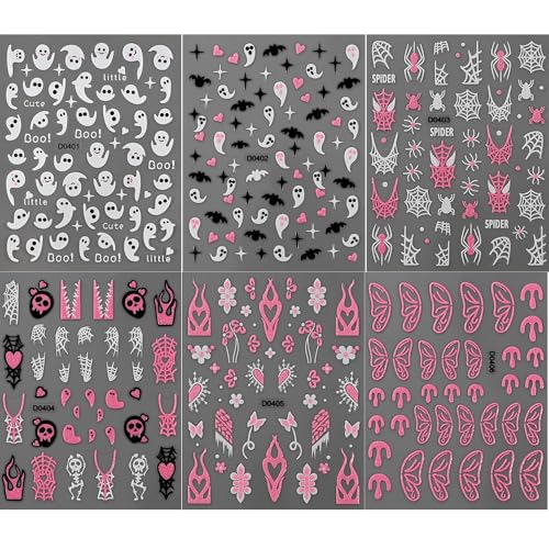 6 Sheets Halloween Nail Stickers Pink Glitter Butterfly Spider Web 3D Decals