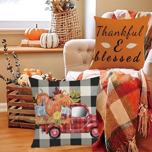 Thanksgiving Fall Pillow Covers Set of 4 - 18x18 Buffalo Check Pumpkin Truck