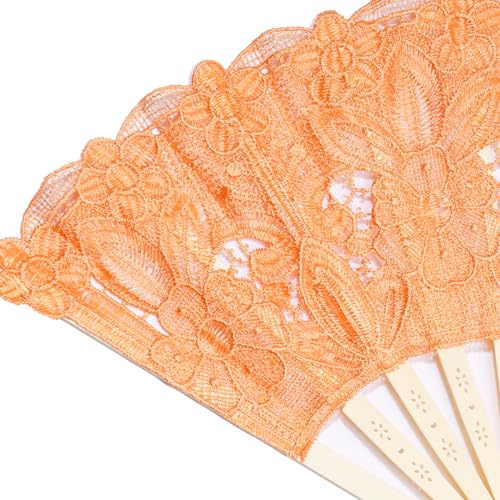 Choyaxo Cotton Lace Folding Hand Fan, Embroidered Floral Design (Orange)