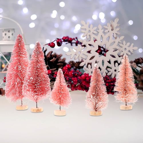 Mini Christmas Tree Set - 8 Pink Bottle Brush Trees with Snow & Wooden Base