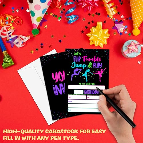 Neon Glow Gymnastics Birthday Invitations - 20 Fill-In Cards with Envelopes