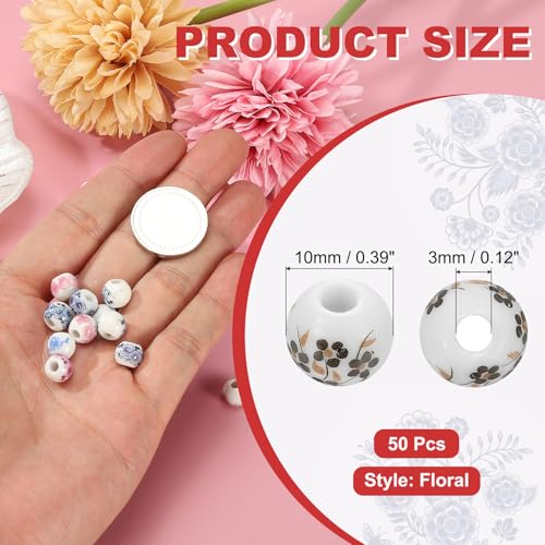 PATIKIL 50 Pcs 10mm Ceramic Flower Beads - Coffee Porcelain Round Beads for Jewelry Making DIY Crafts
