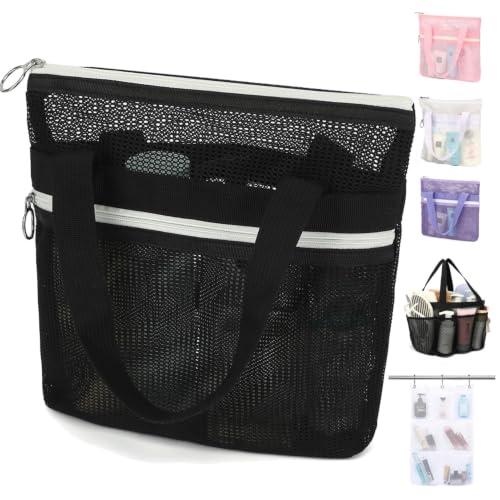 Small Black Mesh Shower Caddy with Zipper Pockets - Quick-Drying Portable Tote