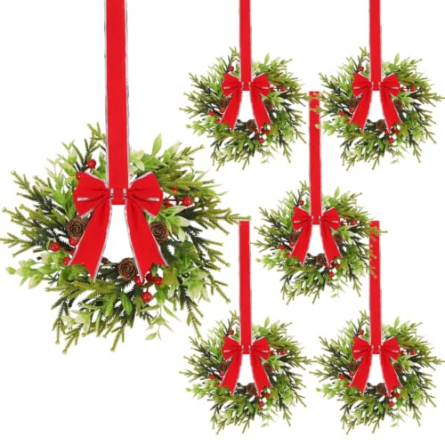 6 Pcs Christmas Wreath for Cabinets 14-Inch with Red Bows & Pine Cones - Holiday Decor