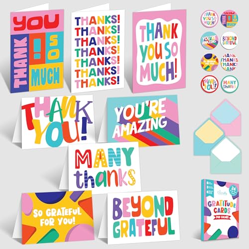 24 Pack Colorful Thank You Cards with Envelopes & Stickers