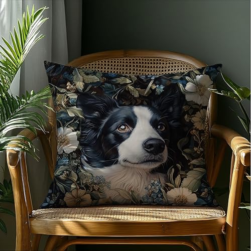 William Morris Inspired Border Collie Dog Floral Decor Pillow Cover 18x18