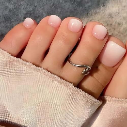 Pink French Tip Press on Toenails - Short Square Fake Toe Nails 24Pcs