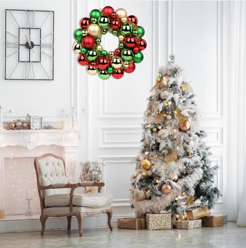 13-Inch Christmas Ball Wreath with Glitter Ornaments - Gold, Red & Green