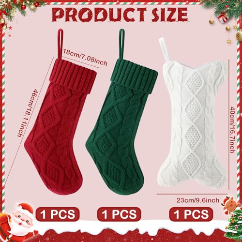 3 Pack Christmas Stockings for Dogs & Family - 18 Inch Knit & 15 Inch Bone Stocking - Red, Green, White