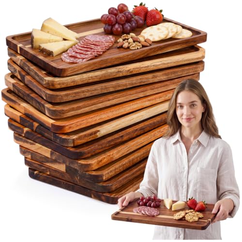 12-Piece Acacia Wood Serving Trays Set - 16 x 10 Inches - Rustic Dinner Plates