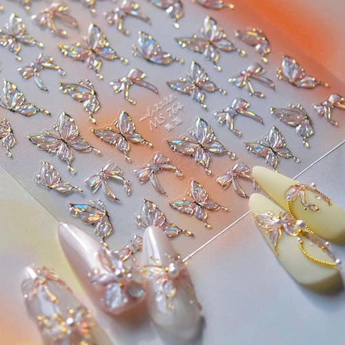 5D Embossed Butterfly Nail Stickers Self-Adhesive Aurora Pink Bow Nail Decals