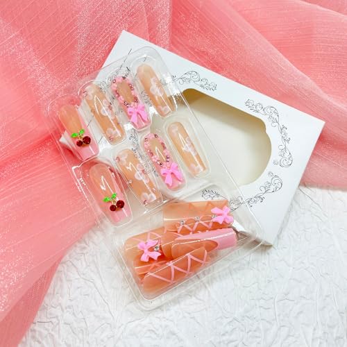 Long Coffin Press on Nails Pink French False Nails with Cherry and Bow