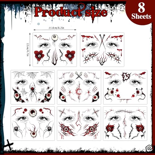 Konsait Halloween Face Tattoos, 8 Sheets Spider Web Fake Makeup Decals