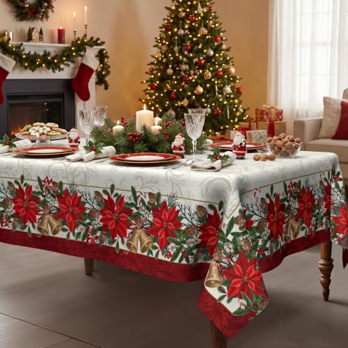Christmas Poinsettia Tablecloth 60x84 Inch - Red Floral Holiday Table Cover with Gold Bells & Pine Cones - Waterproof Decor