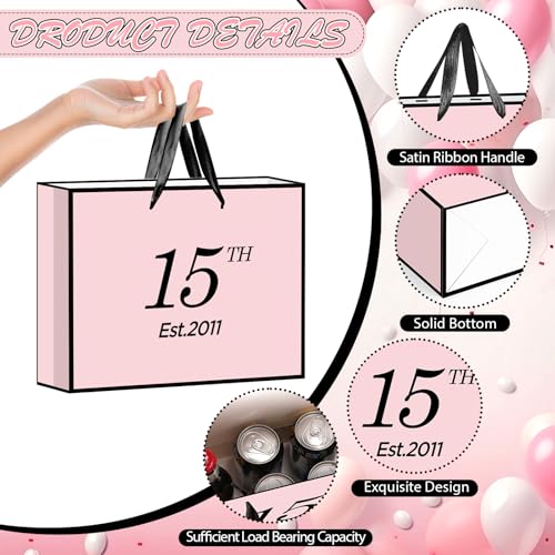 15th Birthday Gift Bag for Girls, Large Pink & Black Est. 2011 Present Bag with Card and Tissue Paper