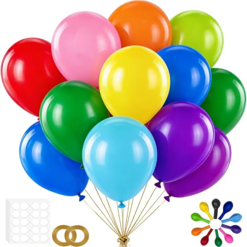 12 Inch Assorted Rainbow Balloons - 100 Pack Thickened Latex for Parties