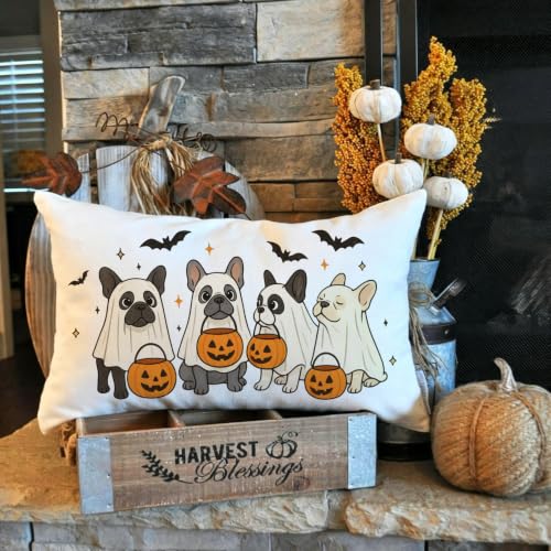 Halloween Pillow Cover 12x20 Inch Beige French Bulldogs with Ghosts