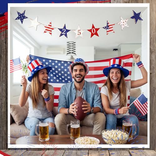 Chumia Patriotic Wooden Star Garland Red White and Blue Bunting for 4th of July