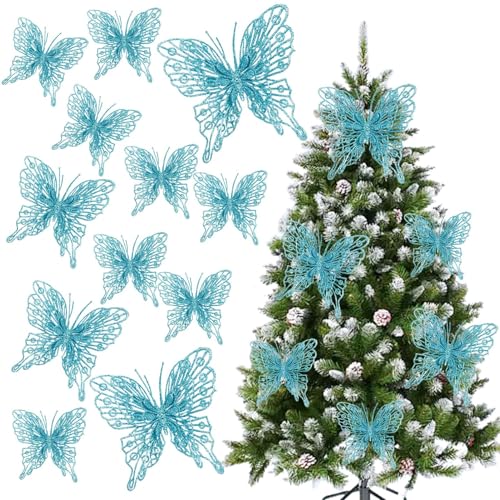 12-Pack 3D Glitter Butterflies for Christmas Tree Decor - 5 Inch