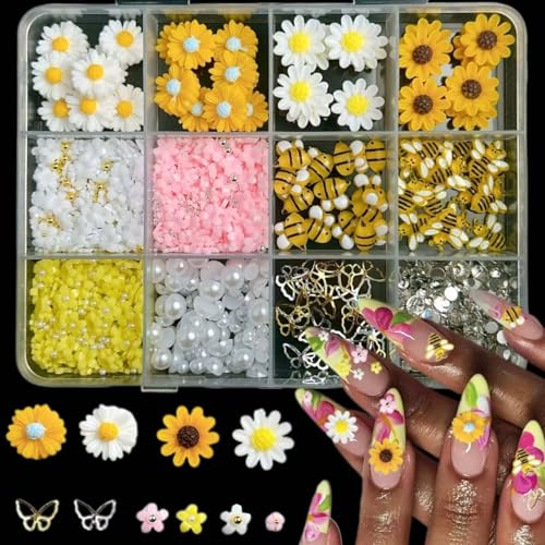 FINGCRO 600PCS 3D Nail Charms and Gems for Y2K Nail Art Design Daisy Flowers