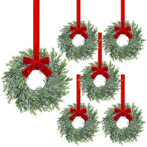 Mini Christmas Wreaths Set of 6 - 15 Inch Rustic Holiday Decor with Bows