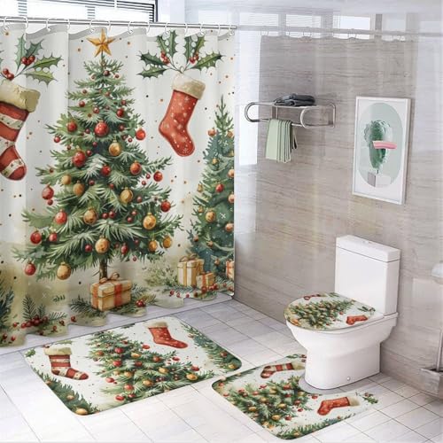 HDESDIS Christmas Pine Tree Shower Curtain Set with Rugs and Toilet Lid Cover - Snowflake Red Sock, 72x72 Inches - Holiday Bathroom Decor