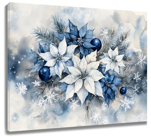 Christmas Wall Art Canvas - Blue and White Poinsettia Floral Decor 20x16 Inch - Ready to Hang