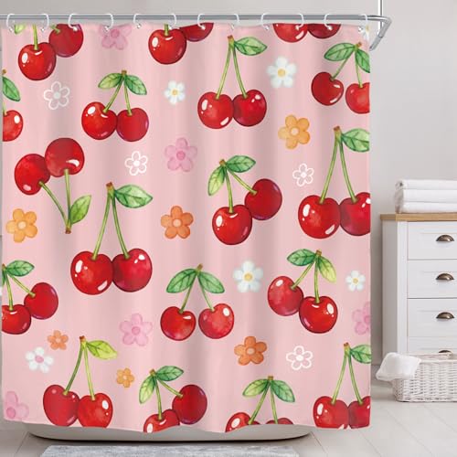 Riyidecor Cherry Floral Shower Curtain, Pink Kawaii Bathroom Decor, 72x72 Inch