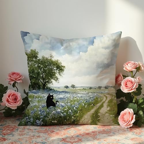 Vintage Country Black Cat Pillow Cover 18x18 - Style 4